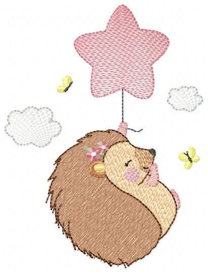 Hedgehog embroidery designs - Woodland Animal machine pattern - Baby Girl Porcupine with star Balloon file - Instant download pes jef dst
