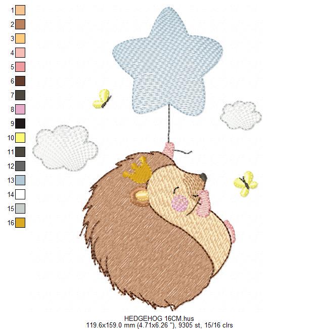 Hedgehog embroidery designs - Woodland Animal machine pattern - Baby Boy Porcupine with star balloon file - Instant download pes jef dst hus