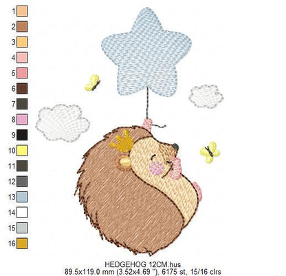 Hedgehog embroidery designs - Woodland Animal machine pattern - Baby Boy Porcupine with star balloon file - Instant download pes jef dst hus