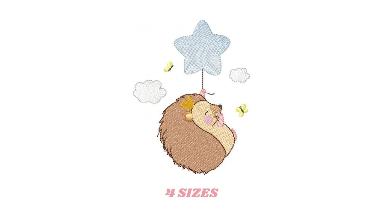 Hedgehog embroidery designs - Woodland Animal machine pattern - Baby Boy Porcupine with star balloon file - Instant download pes jef dst hus