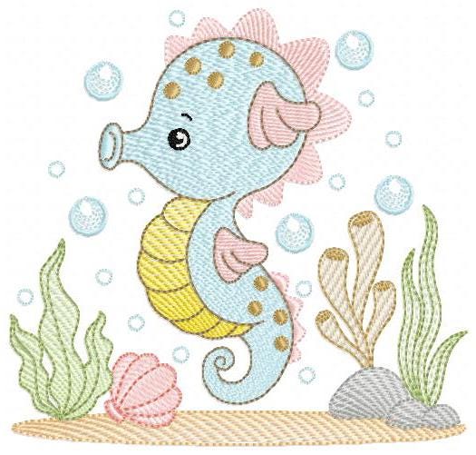 Seahorse embroidery design - Sea Animal machine pattern - Ocean animal algae seaweed shell bubbles - Instant download pes jef dst vp3 hus