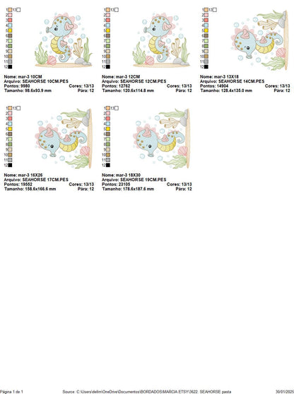 Seahorse embroidery design - Sea Animal machine pattern - Ocean animal algae seaweed shell bubbles - Instant download pes jef dst vp3 hus