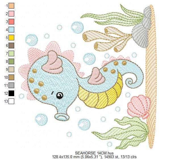 Seahorse embroidery design - Sea Animal machine pattern - Ocean animal algae seaweed shell bubbles - Instant download pes jef dst vp3 hus