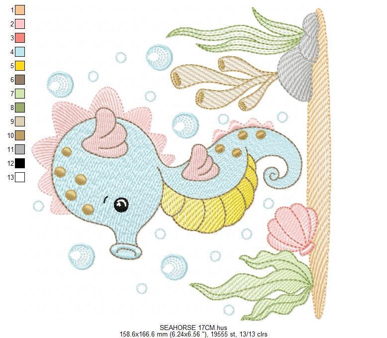 Seahorse embroidery design - Sea Animal machine pattern - Ocean animal algae seaweed shell bubbles - Instant download pes jef dst vp3 hus
