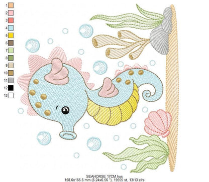 Seahorse embroidery design - Sea Animal machine pattern - Ocean animal algae seaweed shell bubbles - Instant download pes jef dst vp3 hus