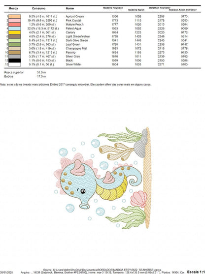 Seahorse embroidery design - Sea Animal machine pattern - Ocean animal algae seaweed shell bubbles - Instant download pes jef dst vp3 hus