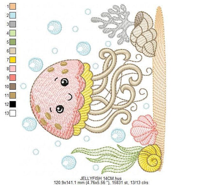 Jellyfish embroidery design - Octopus machine pattern - Ocean Sea animal with shells algae and bubbles file - Instant digital download pes