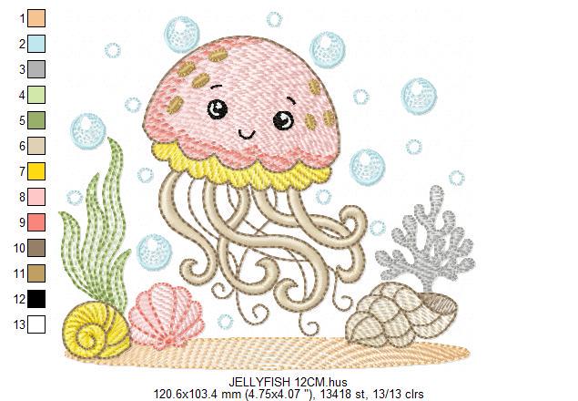 Jellyfish embroidery design - Octopus machine pattern - Ocean Sea animal with shells algae and bubbles file - Instant digital download pes