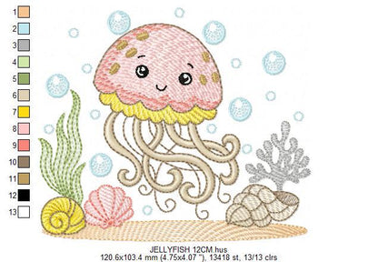 Jellyfish embroidery design - Octopus machine pattern - Ocean Sea animal with shells algae and bubbles file - Instant digital download pes