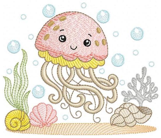 Jellyfish embroidery design - Octopus machine pattern - Ocean Sea animal with shells algae and bubbles file - Instant digital download pes