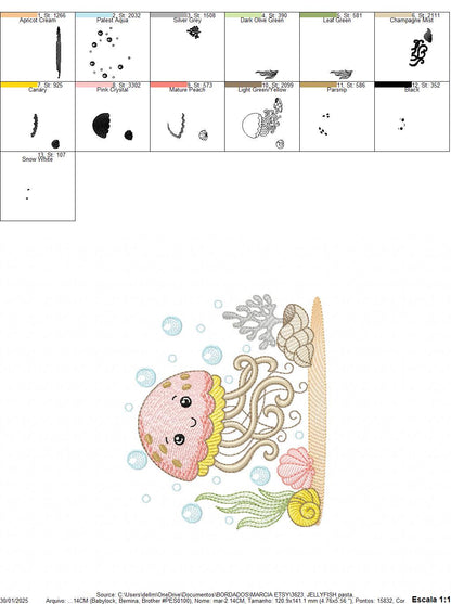 Jellyfish embroidery design - Octopus machine pattern - Ocean Sea animal with shells algae and bubbles file - Instant digital download pes