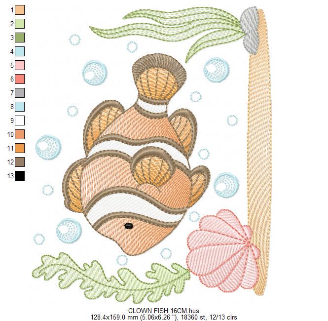 Clown Fish embroidery designs - Ocean animals machine pattern - Orange Fish with shells bubbles and algae - Instant download pes jef dst hus