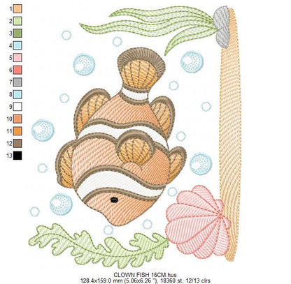 Clown Fish embroidery designs - Ocean animals machine pattern - Orange Fish with shells bubbles and algae - Instant download pes jef dst hus