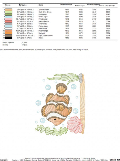 Clown Fish embroidery designs - Ocean animals machine pattern - Orange Fish with shells bubbles and algae - Instant download pes jef dst hus