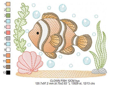 Clown Fish embroidery designs - Ocean animals machine pattern - Orange Fish with shells bubbles and algae - Instant download pes jef dst hus