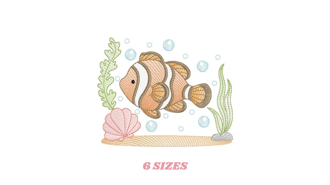 Clown Fish embroidery designs - Ocean animals machine pattern - Orange Fish with shells bubbles and algae - Instant download pes jef dst hus