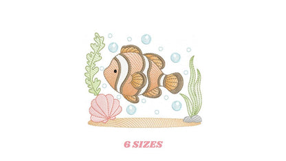 Clown Fish embroidery designs - Ocean animals machine pattern - Orange Fish with shells bubbles and algae - Instant download pes jef dst hus