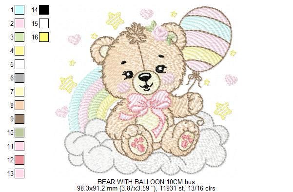 Bear with balloons embroidery designs - Teddy bear with rainbow cloud machine embroidery pattern - Baby Birthday Party - Instant download
