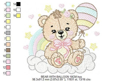 Bear with balloons embroidery designs - Teddy bear with rainbow cloud machine embroidery pattern - Baby Birthday Party - Instant download