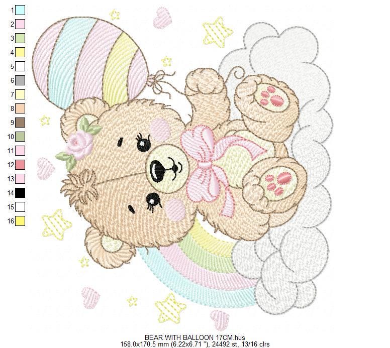 Bear with balloons embroidery designs - Teddy bear with rainbow cloud machine embroidery pattern - Baby Birthday Party - Instant download