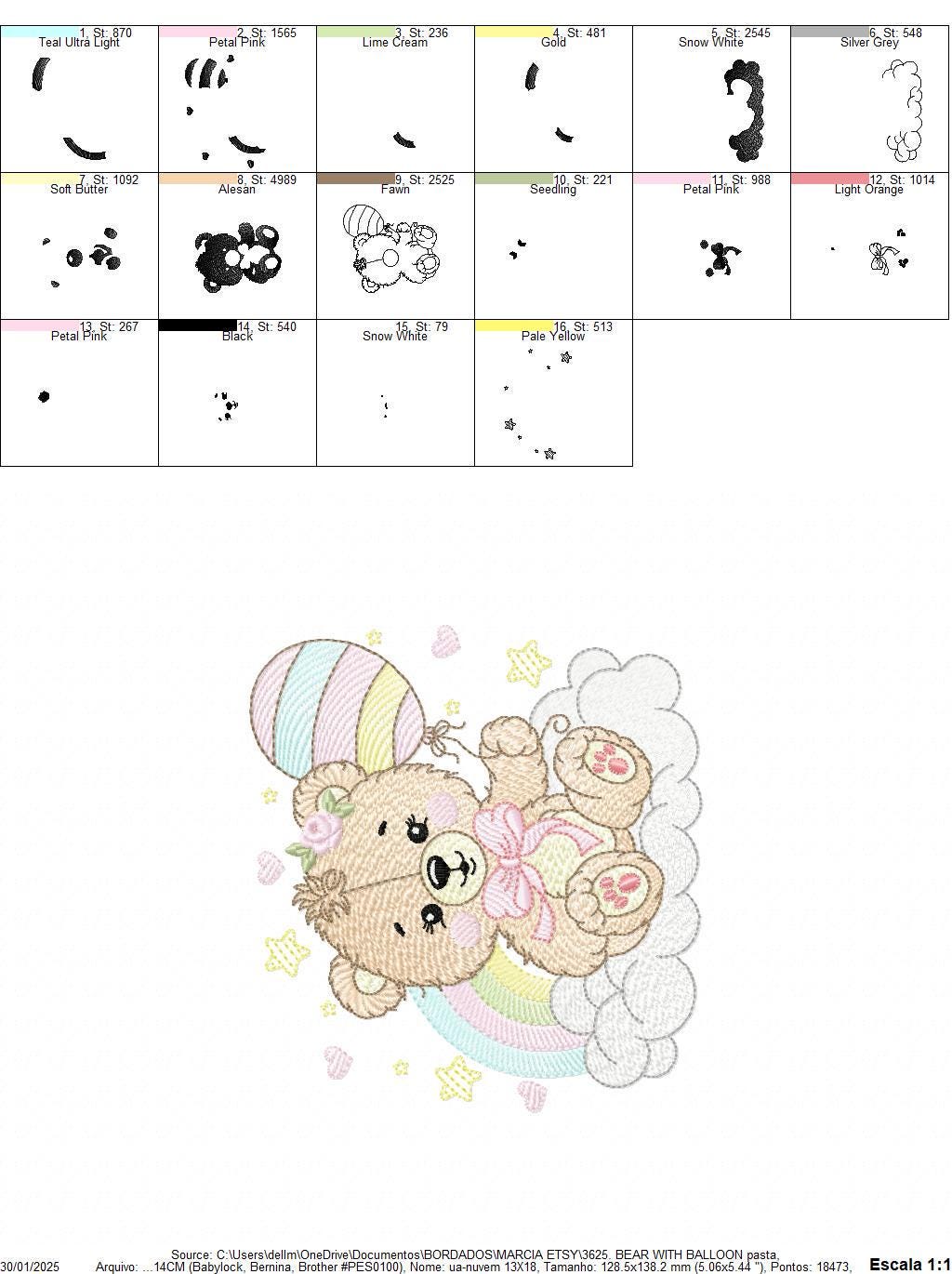 Bear with balloons embroidery designs - Teddy bear with rainbow cloud machine embroidery pattern - Baby Birthday Party - Instant download