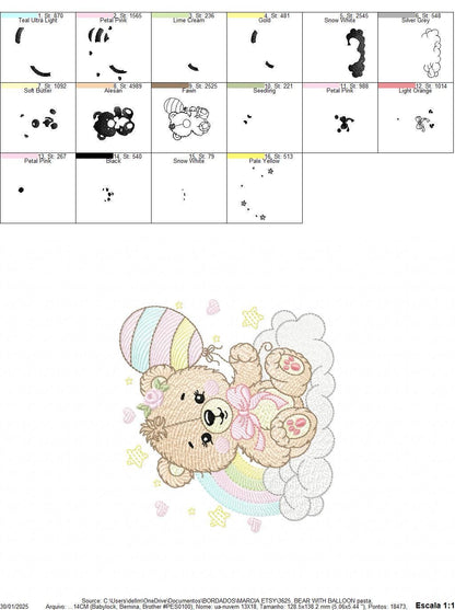 Bear with balloons embroidery designs - Teddy bear with rainbow cloud machine embroidery pattern - Baby Birthday Party - Instant download