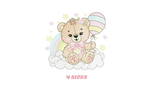 Bear with balloons embroidery designs - Teddy bear with rainbow cloud machine embroidery pattern - Baby Birthday Party - Instant download