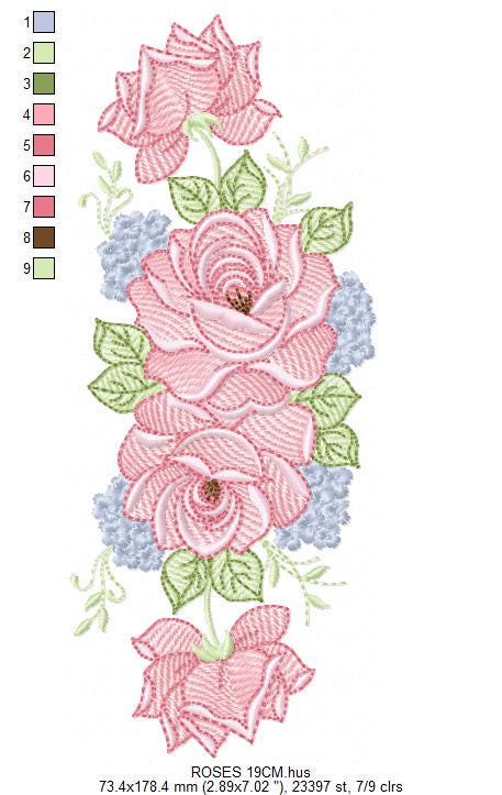 Roses embroidery designs - Kitchen Tea Towel machine embroidery pattern - Red and Blue Flower file - Instant download pes jef dst hus vp3