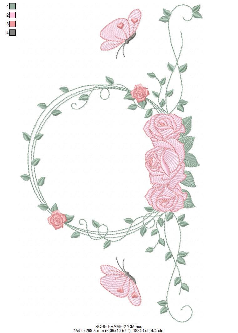Monogram Frame with roses and butterflies embroidery designs - Flower Laurel Wreath machine embroidery pattern - Instant download pes jef