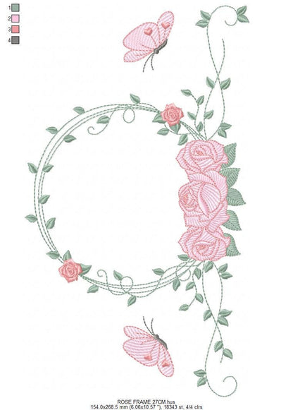 Monogram Frame with roses and butterflies embroidery designs - Flower Laurel Wreath machine embroidery pattern - Instant download pes jef