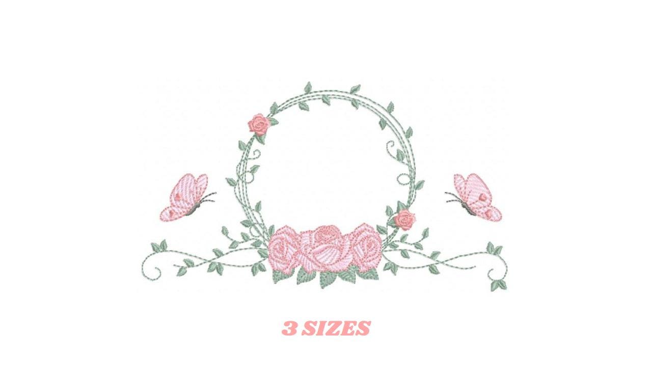 Monogram Frame with roses and butterflies embroidery designs - Flower Laurel Wreath machine embroidery pattern - Instant download pes jef