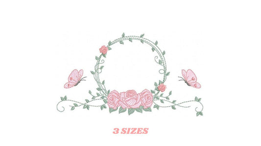 Monogram Frame with roses and butterflies embroidery designs - Flower Laurel Wreath machine embroidery pattern - Instant download pes jef