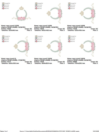 Roses laurel with Crown embroidery designs - Flower Wreath machine embroidery pattern - Newborn monogram file - Instant download pes jef dst