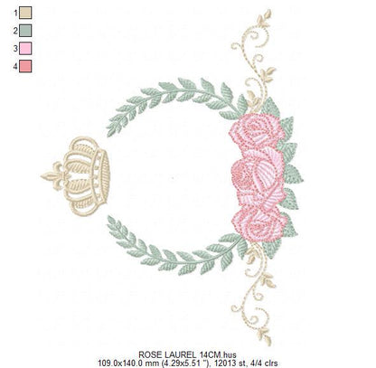Roses laurel with Crown embroidery designs - Flower Wreath machine embroidery pattern - Newborn monogram file - Instant download pes jef dst