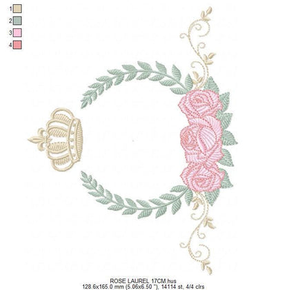 Roses laurel with Crown embroidery designs - Flower Wreath machine embroidery pattern - Newborn monogram file - Instant download pes jef dst