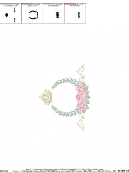 Roses laurel with Crown embroidery designs - Flower Wreath machine embroidery pattern - Newborn monogram file - Instant download pes jef dst