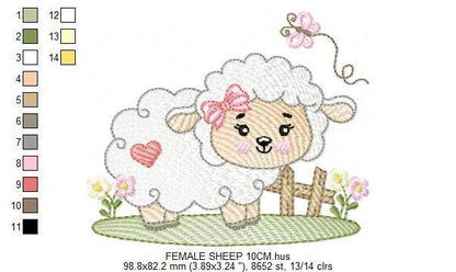 Female Sheep with bow embroidery design - Lamb with butterfly machine embroidery pattern - Newborn baby girl file - Instant download pes jef