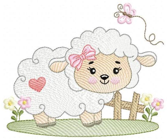 Female Sheep with bow embroidery design - Lamb with butterfly machine embroidery pattern - Newborn baby girl file - Instant download pes jef