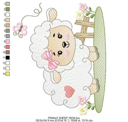 Female Sheep with bow embroidery design - Lamb with butterfly machine embroidery pattern - Newborn baby girl file - Instant download pes jef