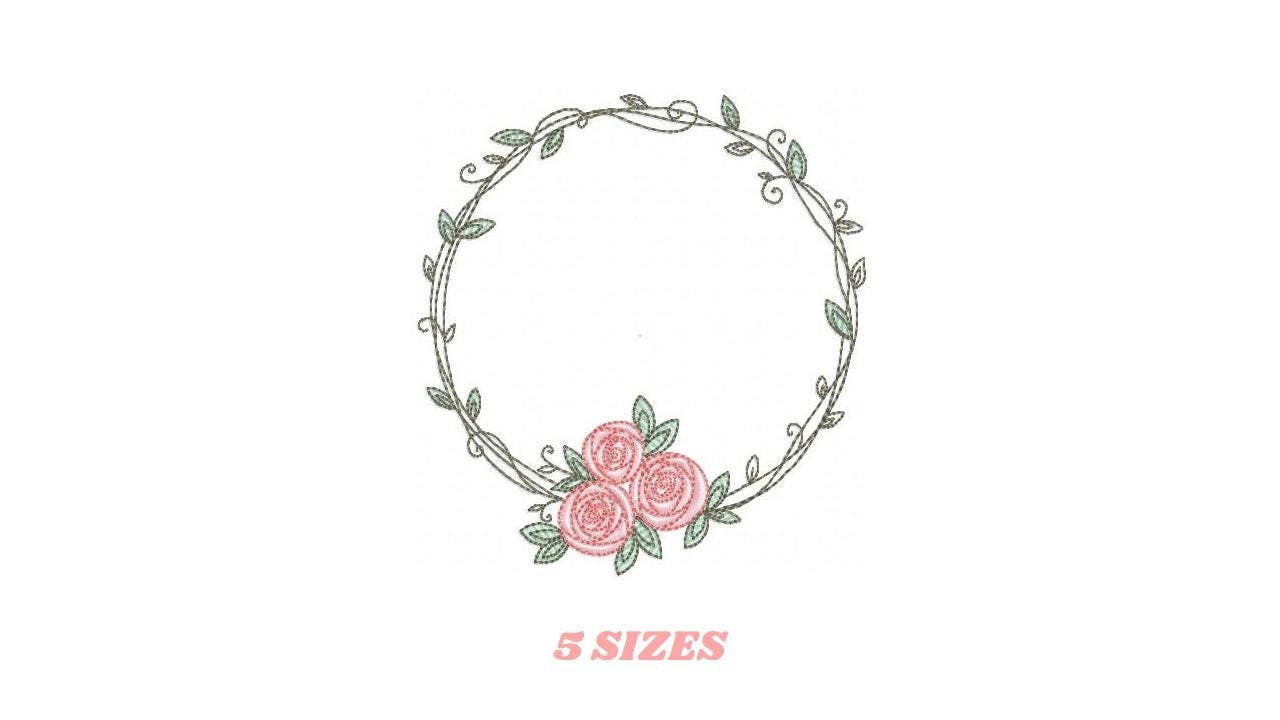 Monogram Frame with roses embroidery designs - Flower Laurel wreath machine embroidery pattern - Rose baby girl file - Instant download pes