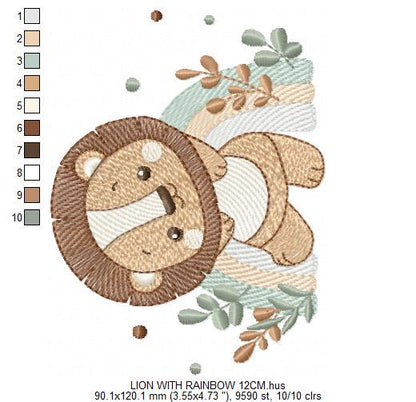 Lion with rainbow embroidery designs - Safari animal machine embroidery pattern - Newborn Baby boy file - Instant download pes jef dst vp3