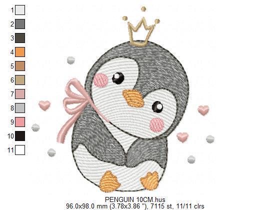 Penguin with crown embroidery design - Bird water cold animal with lace machine embroidery pattern - Baby girl file - Instant download pes