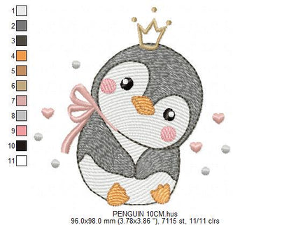 Penguin with crown embroidery design - Bird water cold animal with lace machine embroidery pattern - Baby girl file - Instant download pes