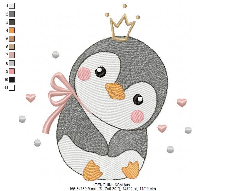 Penguin with crown embroidery design - Bird water cold animal with lace machine embroidery pattern - Baby girl file - Instant download pes