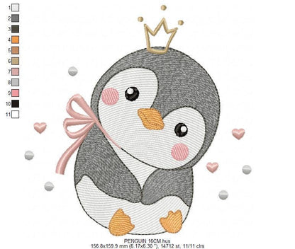 Penguin with crown embroidery design - Bird water cold animal with lace machine embroidery pattern - Baby girl file - Instant download pes