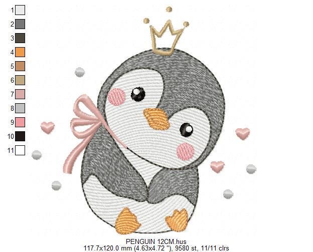 Penguin with crown embroidery design - Bird water cold animal with lace machine embroidery pattern - Baby girl file - Instant download pes