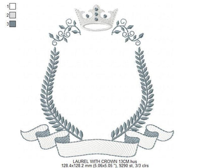 Crown embroidery designs - Laurel frame with banner machine embroidery pattern - Baby Monogram shape file - Instant download pes jef dst hus