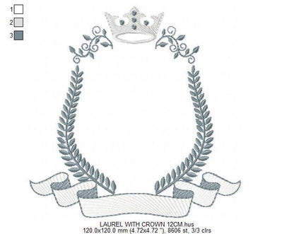 Crown embroidery designs - Laurel frame with banner machine embroidery pattern - Baby Monogram shape file - Instant download pes jef dst hus