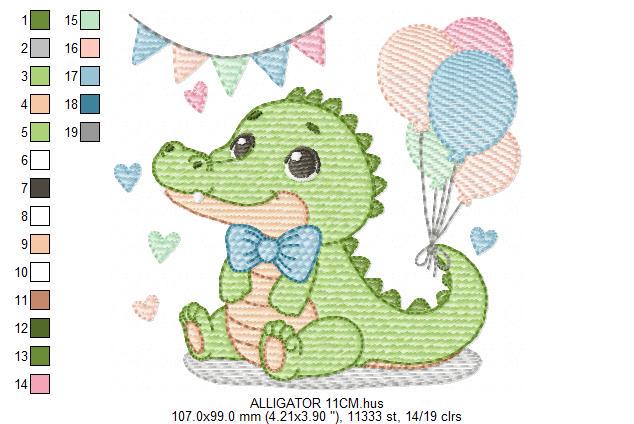 Crocodile with balloons embroidery design - Alligator party balloons machine embroidery pattern - Animal with bow tie - Instant download jef