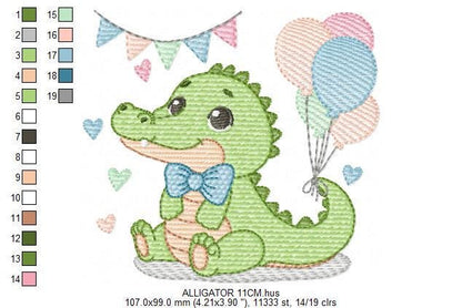 Crocodile embroidery design - Alligator with party balloons machine embroidery pattern - Animal with bow tie - Instant download jef